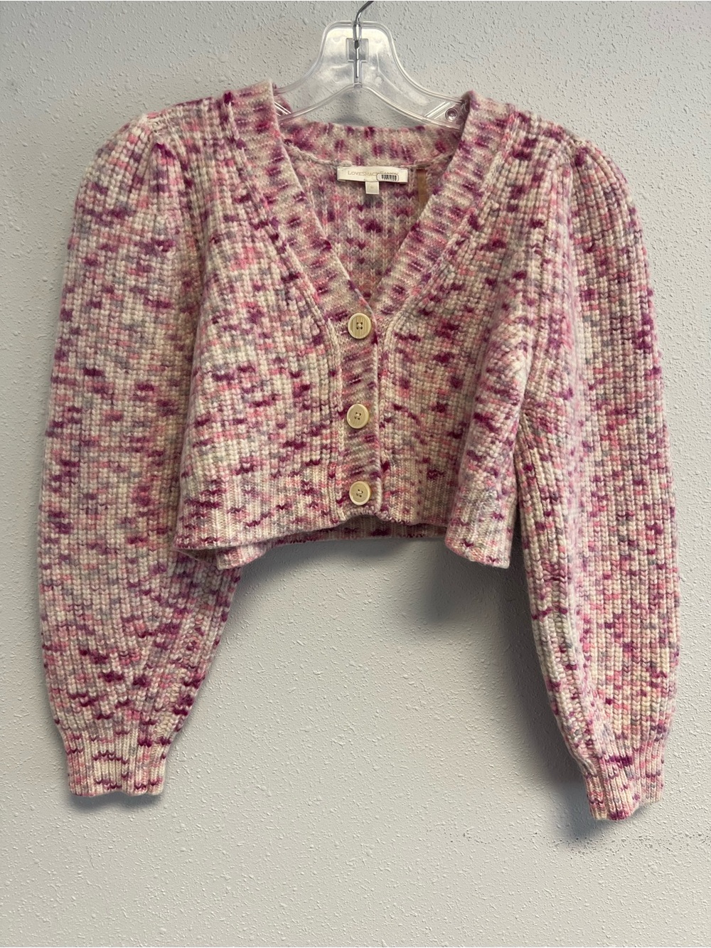 LoveShackFancy Pink Speckled Cropped V-Neck Cardigan